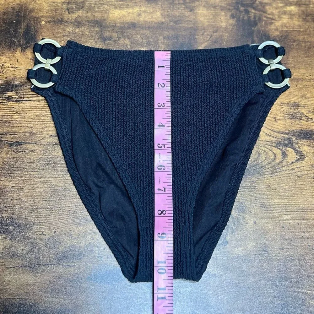 Michael Kors High-Leg Bikini Bottoms in Black with Ring Gold Chain Accents. NWT!